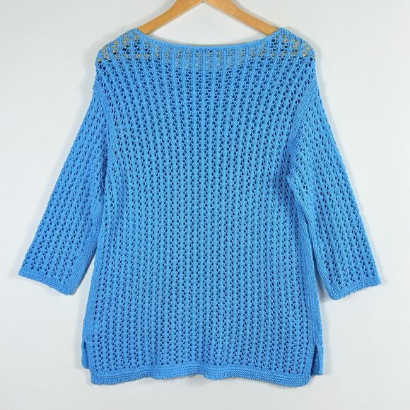 J. Jill Aqua Blue Open Knit Crochet Loose Fit‎ 3/4 Sleeve Sweater Women's Small - Picture 4 of 6